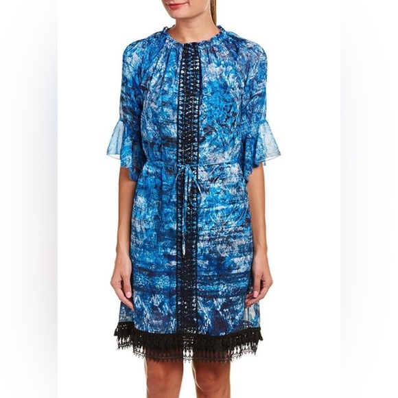 Elie Tahari Dress Rayna Blue Floral Sheer with black liner shell Size 8 NWT - Picture 2 of 12